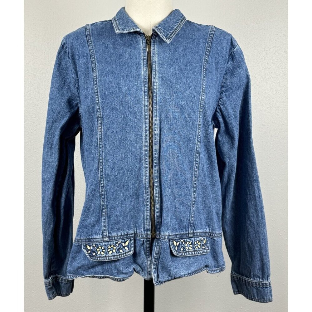 Christopher & Banks Denim Jacket Womens Medium Embroidered Floral Accents Zip